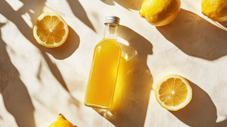 A top-view of a glass bottle with lemon juice, highlighted by sunlight, on a solid background, emphasizing its refreshing and detoxifying properties.の素材