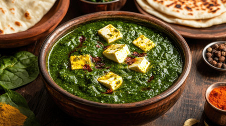 A high-angle shot of Palak Paneer, the green spinach and cheese curry in a rustic bowl, with spices and naan bread around it.の素材