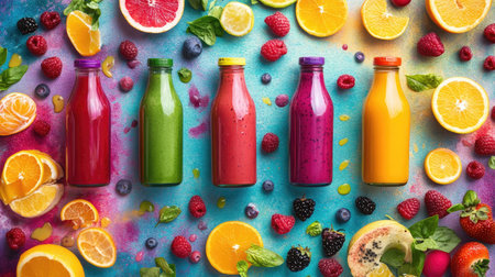 A vibrant assortment of fresh fruit and vegetable smoothies in glass bottles, surrounded by colorful ingredients like berries, greens, and citrus slices on a bright countertop.の素材