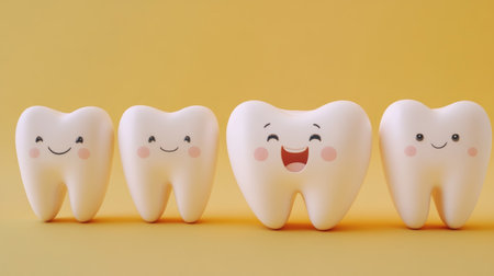 Tooth family with joyful expressions on a uniform background, promoting positive dental health habits.の素材