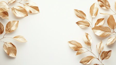 Golden leaves delicately placed on a white background, evoking a sense of luxury and nature's beauty in simplicityの素材