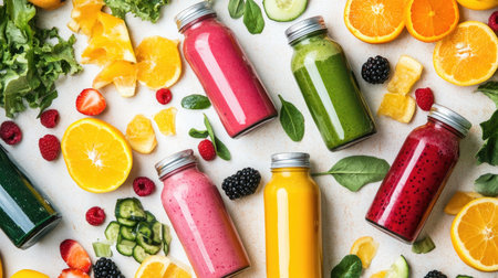A vibrant assortment of fresh fruit and vegetable smoothies in glass bottles, surrounded by colorful ingredients like berries, greens, and citrus slices on a bright countertop.の素材