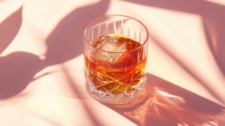 A Sazerac cocktail featuring cognac, bourbon, and absinthe, highlighted by hard light and shadows on a pastel background, perfect for a sophisticated drink.の素材