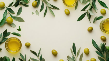 Top view of green olives, olive oil, and leaves arranged with empty space for text, creating a fresh and natural food background.の素材