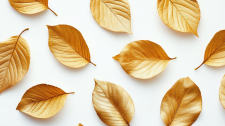 Golden leaves artfully arranged against a clean white backdrop, offering a simple yet striking visual contrast.の素材