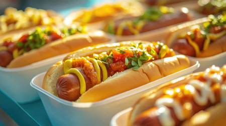 A mouthwatering display of hot dogs in containers on a soft blue pastel background, with a focus on their juicy toppings.の素材