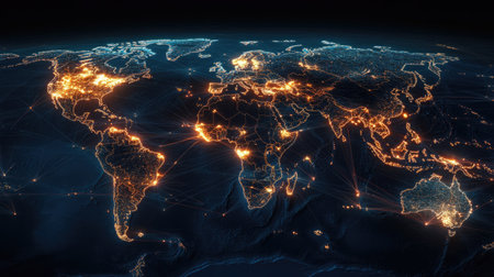 Global trade network overlaid on a world map, showcasing the vast web of international commerce and trade links.の素材