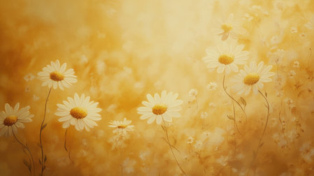 White daisy flowers stand out against a softly blurred golden background, creating a serene and elegant floral compositionの素材