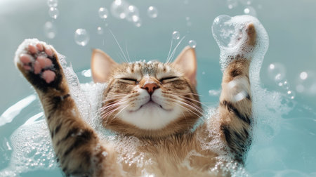 Happy cat in the tub, pawing at soap bubbles floating around, capturing the joy of playful bath time.の素材