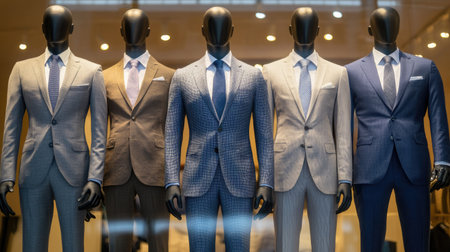 Mannequins modeling different business suits, illustrating a spectrum of professional fashion choices. -の素材
