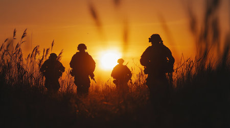 Soldiers silhouetted by the setting sun, capturing the resilience and camaraderie of military life in a striking visual.の素材