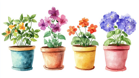 Set of colorful watercolor houseplant pots with flowers in full bloom, isolated on white, capturing the essence of gardening seasons.の素材