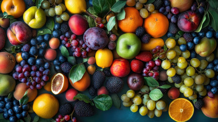 An overhead view of a vibrant collection of mixed fruits, artfully arranged on a flat surface, showcasing a variety of colors and textures in a fresh and lively presentation.の素材