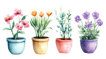 Set of colorful watercolor houseplant pots with flowers in full bloom, isolated on white, capturing the essence of gardening seasons.の素材