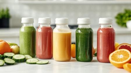 A collection of homemade smoothies in clear bottles, surrounded by fresh produce such as apples, cucumbers, and oranges, set against a clean, white kitchen background.の素材