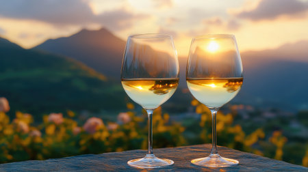 A pair of wine glasses with a stunning mountain landscape in the background, capturing the essence of relaxation and luxury.の素材