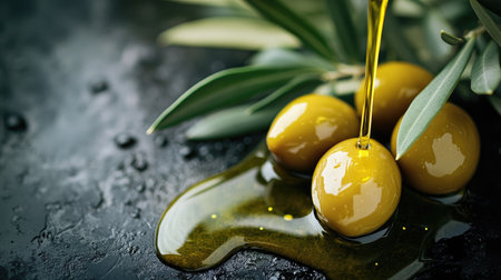 Green olives with a drizzle of olive oil and fresh leaves, creating a visually appealing composition that highlights the natural flavors.の素材
