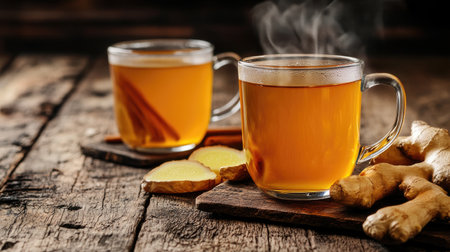 Hot ginger tea in a glass, sitting on a rustic wooden table with steam rising and ample copy space, perfect for a cozy drink theme.の素材