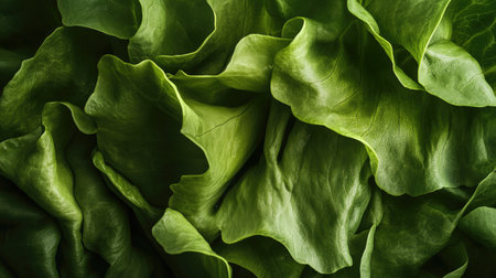 A close-up of butterhead lettuce, emphasizing the delicate folds and rich green color, perfect for a fresh and healthy food theme.の素材
