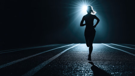 Silhouetted female runner on a dimly lit track, with a bright light guiding her path, representing focus and drive.の素材