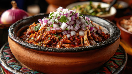 A visually dynamic image of Tacos de Cochinita Pibil with onions and habanero chili floating above a traditional clay dish, emphasizing the vibrant colors and textures.の素材