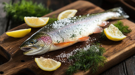 Whole rainbow trout sprinkled with kosher salt, set on a rustic cutting board with lemon wedges and fresh dill, highlighting the natural flavors.の素材