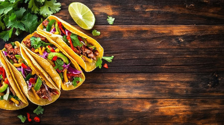 Top view of tacos al pastor with vibrant Mexican sauce, set on a wooden background with copy space, perfect for food-related designs.の素材