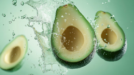Avocado slices levitating with water drops splashing, set against a mint green background, creating a dynamic and refreshing visual.の素材