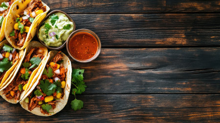 Flat lay of tacos al pastor with a side of Mexican sauce, on a wooden background with plenty of space for text or brandingの素材