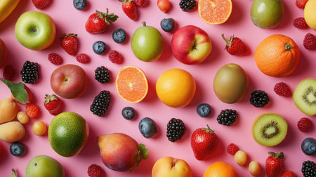 Flat lay of assorted fruits, captured from above, featuring a diverse array of colors and shapes, perfect for a healthy eating concept.の素材