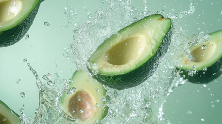 Avocado slices and water droplets in a dynamic splash, suspended in the air with a mint green background, symbolizing healthy and fresh eating.の素材
