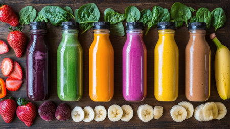 Freshly made smoothies in various bottles, featuring a rainbow of fruits and vegetables, laid out on a rustic wooden table with ingredients like spinach, bananas, and strawberries.の素材
