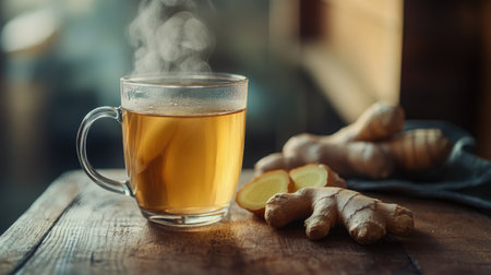 Close-up of hot ginger tea in a glass, placed on a wooden surface, with steam rising and copy space for a cozy, warming drink concept.の素材