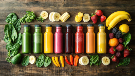 Freshly made smoothies in various bottles, featuring a rainbow of fruits and vegetables, laid out on a rustic wooden table with ingredients like spinach, bananas, and strawberries.の素材