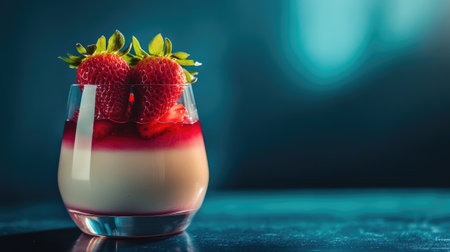 Panna cotta in a glass with fresh strawberries on top, captured in a minimalist style with hard lighting and deep shadows for an artistic touch.の素材