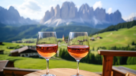 Two glasses of wine with a beautiful scenic mountain backdrop, capturing the essence of leisure in a mountain resort.の素材