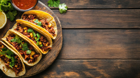 Flat lay of tacos al pastor with a side of Mexican sauce, on a wooden background with plenty of space for text or brandingの素材