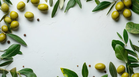 Top view of green olives, olive oil, and leaves arranged with empty space for text, creating a fresh and natural food background.の素材