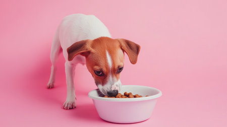 A playful dog eating from its bowl of food, with a pastel background, illustrating a joyful mealtime moment.の素材