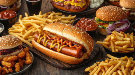 A spread of classic American foods including hot dogs, crispy fries, and burgers displayed on a table, with a casual dining atmosphere.の素材