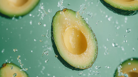 Fresh avocado slices with water drops flying in the air, suspended against a mint green background, capturing the freshness and vibrancy of the fruit.の素材