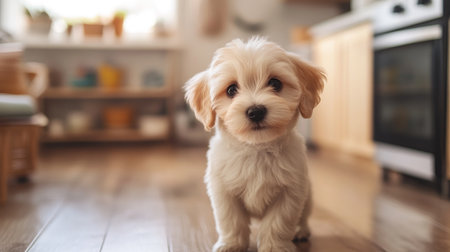 A charming puppy caught stealing snacks from the kitchen counter, showcasing its innocent but mischievous side.の素材