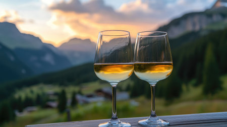 Two glasses of wine with a beautiful scenic mountain backdrop, capturing the essence of leisure in a mountain resort.の素材