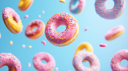 Colorful donuts floating against a pastel background, creating a fun and modern food concept, perfect for a dessert shop advertisementの素材