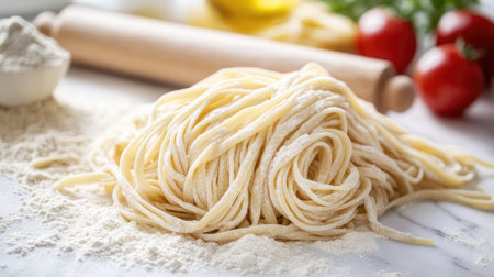 Freshly made noodles dusted with flour on a white marble board, with a rolling pin and a dusting of flour in the background, evoking the warmth of homemade cooking.の素材