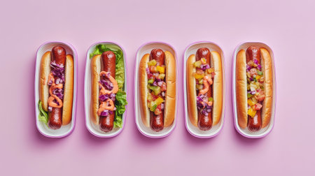 A tempting arrangement of hot dogs in containers on a pastel lavender background, highlighting fresh ingredients.の素材