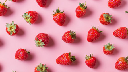 Overhead view of bright red strawberries artistically arranged on a soft pastel background, creating a cheerful and fresh image.の素材