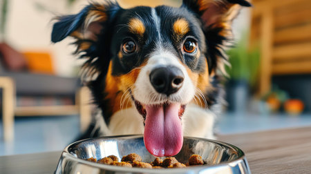 Close-up of a dog eagerly licking its tongue while sitting behind a food bowl, showcasing its excitement for mealtime.の素材