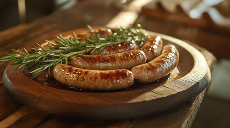 Bavarian sausages roasted to perfection, with sprigs of rosemary, presented on a rustic wooden platter, ideal for a traditional feast.の素材