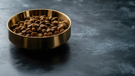 Elegant gold bowl of gourmet dog food against a dark charcoal backdrop, emphasizing sophistication in pet nutrition.の素材